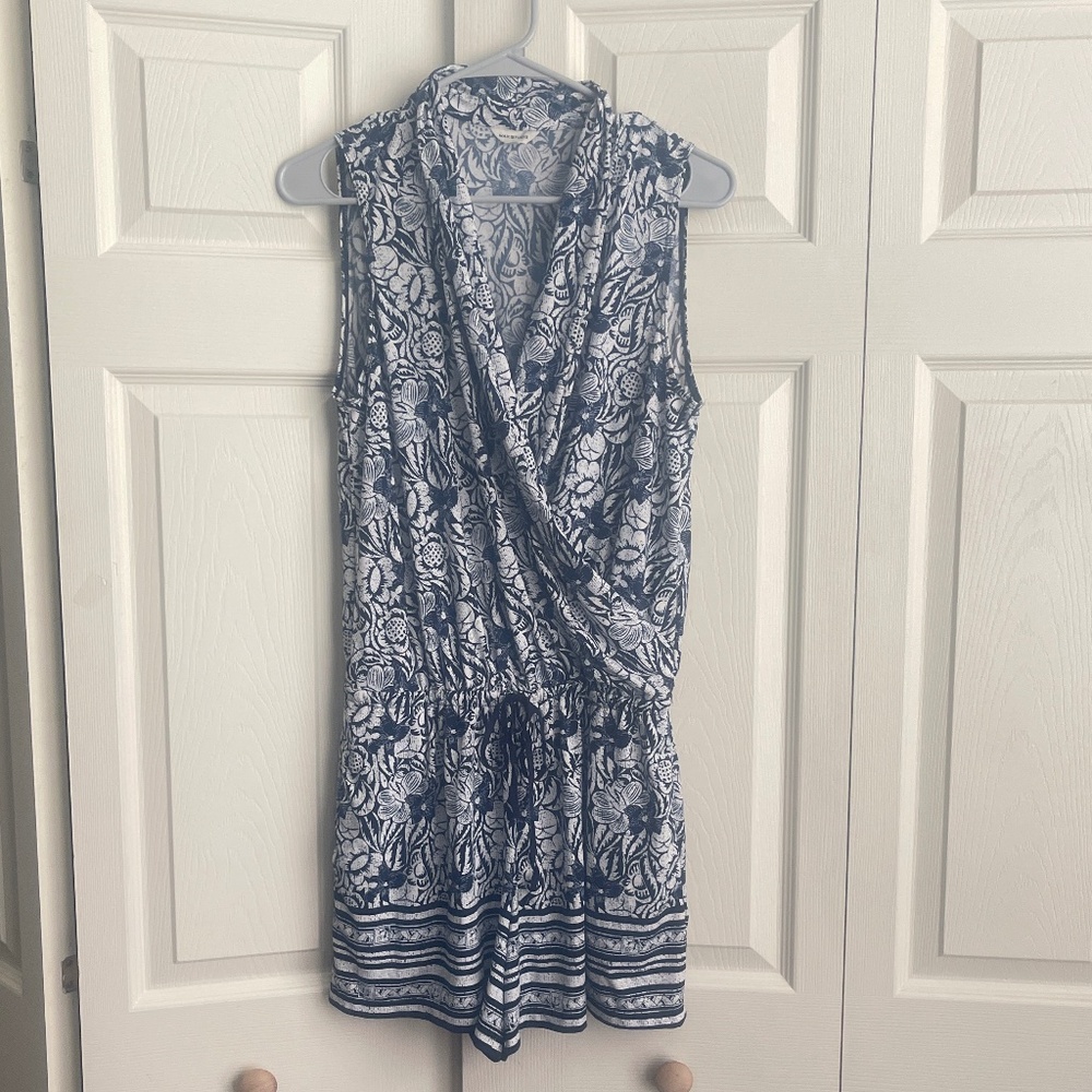 Max Studio women's blue and white romper drawstring waist.         #142